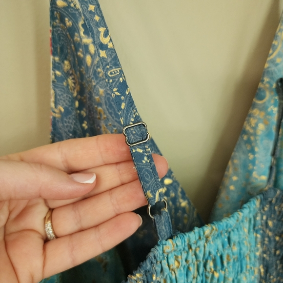 Art Silk Bohemian Blue and Red Sundress Tie Drewstring Waist Shirring Back - Picture 4 of 9